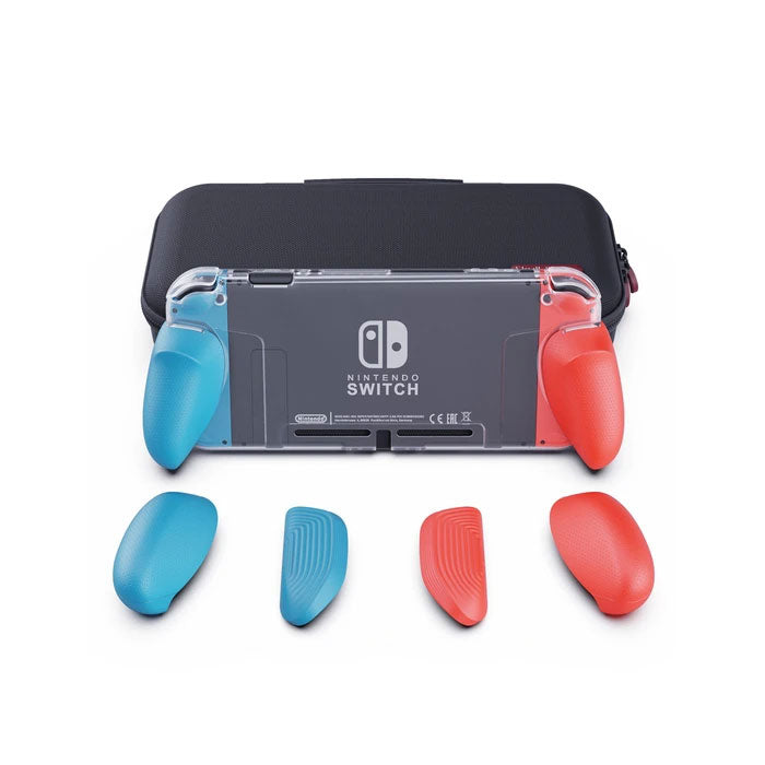 Skull & Co. GripCase Crystal Bundle Set for Nintendo Switch (with MaxCarry Case & Grips) - Neon Red & Blue