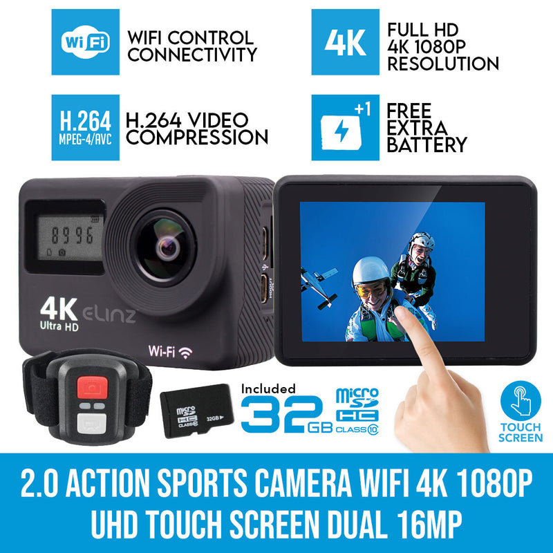 Elinz 2.0 Sports Action Camera 4K 1080P Touch Screen Dual UHD 16MP Remote Control 32GB