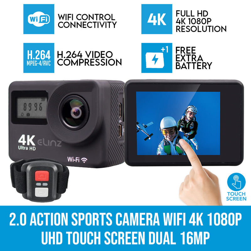 Elinz 2.0 Action Sports Camera Wifi 4K 1080P UHD Touch Screen Dual Remote Control