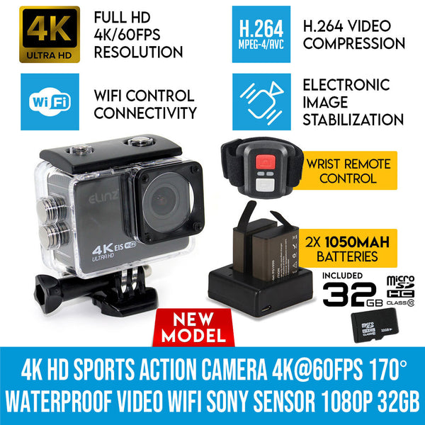 Elinz 4K HD Sports Action Camera 4K@60FPS 170° Waterproof Video WiFi Sony Sensor 1080P 32gb