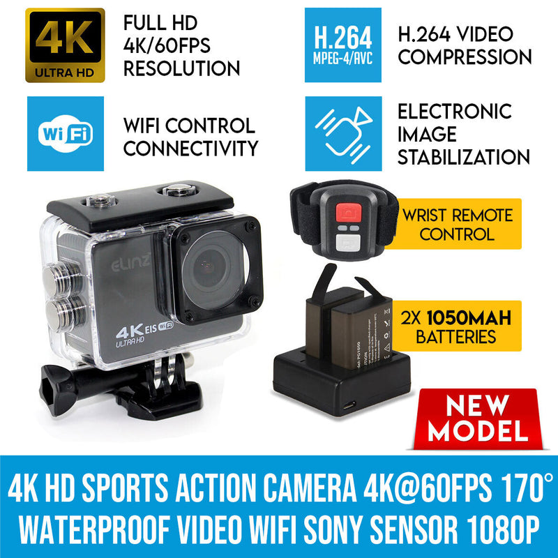 Elinz 4K HD Sports Action Camera 4K@60FPS 170° Waterproof Video WiFi Sony Sensor 1080P