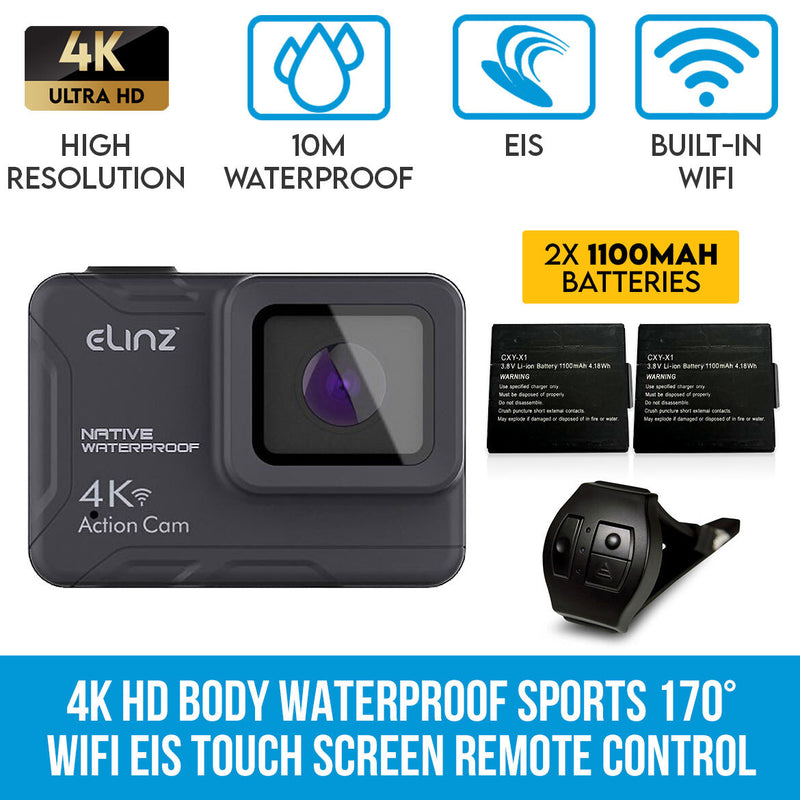 Elinz 4K HD Body Waterproof Sports Action Camera WiFi EIS Touch Screen Remote Control