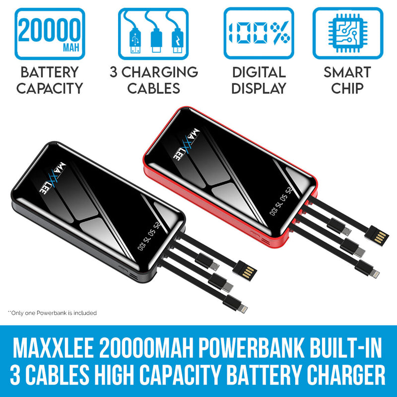 Maxxlee 20000mAh Powerbank Built-in 3 Cables High Capacity Battery Charger for Android iPhone