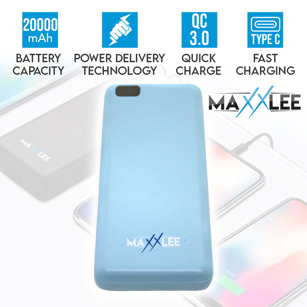 Maxxlee 20000mAh Power Bank Portable 18W PD Type C QC 3.0 Dual USB Fast Charging Blue