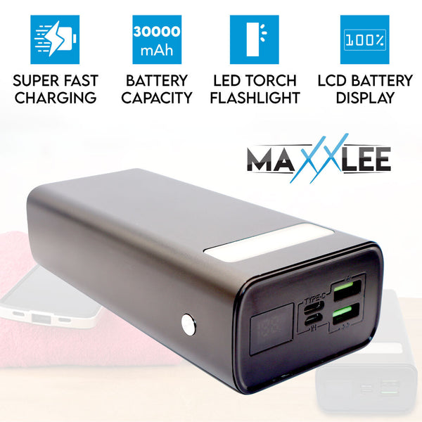 Maxxlee 30000mAh Super Fast Charging Dual USB Torch Light Portable Battery Charger Power Bank