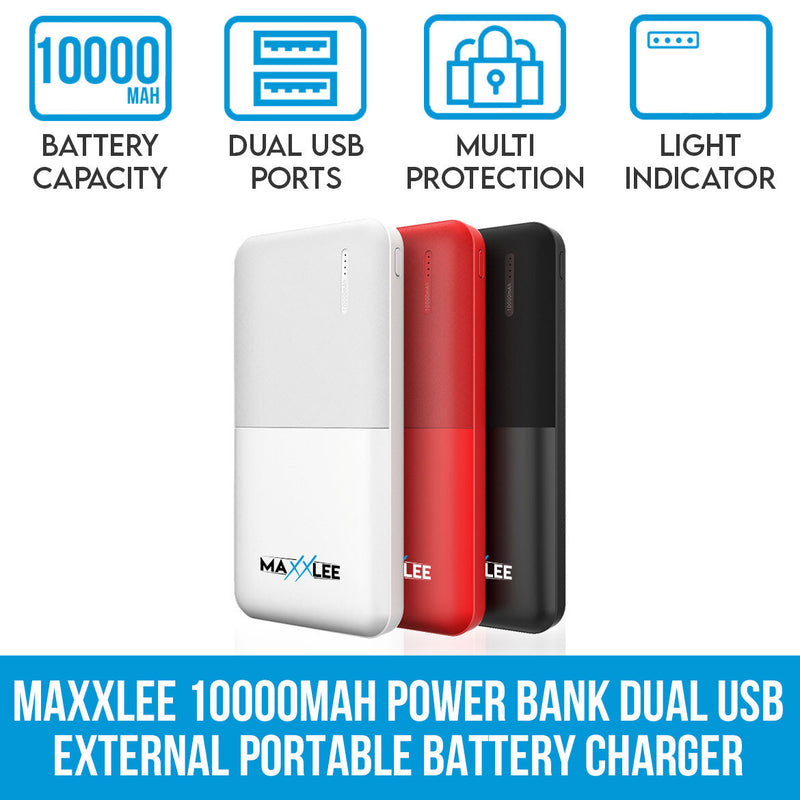 Maxxlee 10000mAh Power Bank Dual USB External Portable Battery Charger iPhone Android Mobile