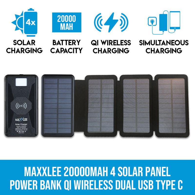 Maxxlee 20000mAh 4 Solar Panel Power Bank Qi Wireless Battery Charger Dual USB Type C