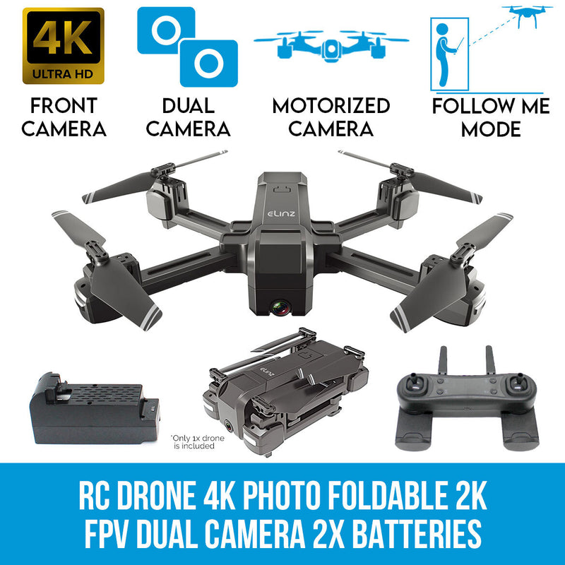 Elinz RC Drone 4K Photo Foldable 2K FPV Dual Camera 2.4Ghz WiFi Quadcopter Brush Motor 1080P 2x Batteries