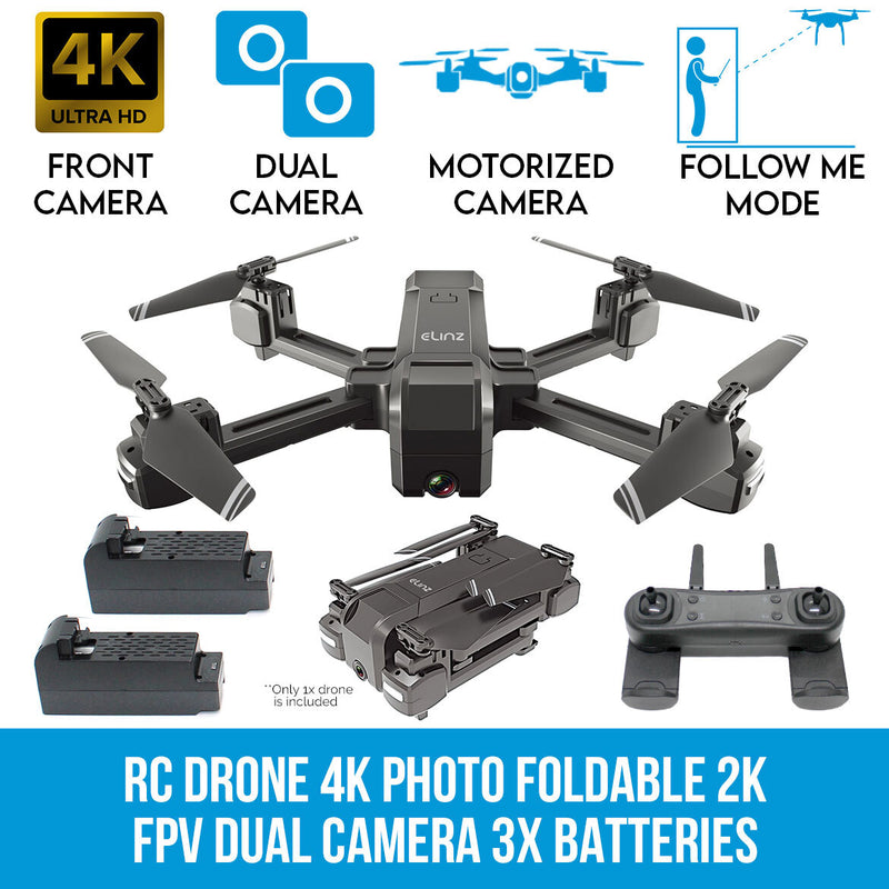 Elinz RC Drone 4K Photo Foldable 2K FPV Dual Camera 2.4Ghz WiFi Quadcopter Brush Motor 1080P 3x Batteries