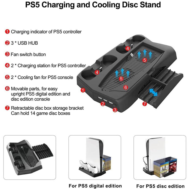 Vertical Cooling Stand with Game Storage Slot for PS5 DE/UHD (KJH-P5-010-2）